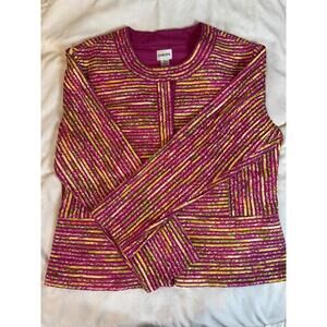 Chico's Pleated Jacket Spring Summer Floral Hidden Button Pink Women's Size 2